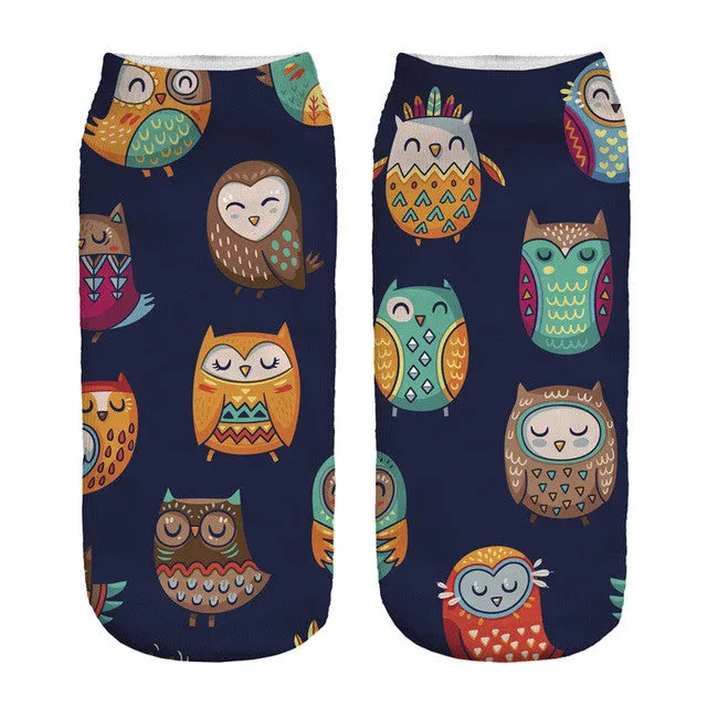 2016 New Meias Summer Autumn Harajuku Owl Socks 3D Print Animal  Women's  Low Cut Ankle Socks Cat Printed Socks