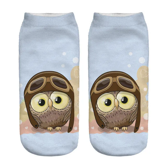 2016 New Meias Summer Autumn Harajuku Owl Socks 3D Print Animal  Women's  Low Cut Ankle Socks Cat Printed Socks