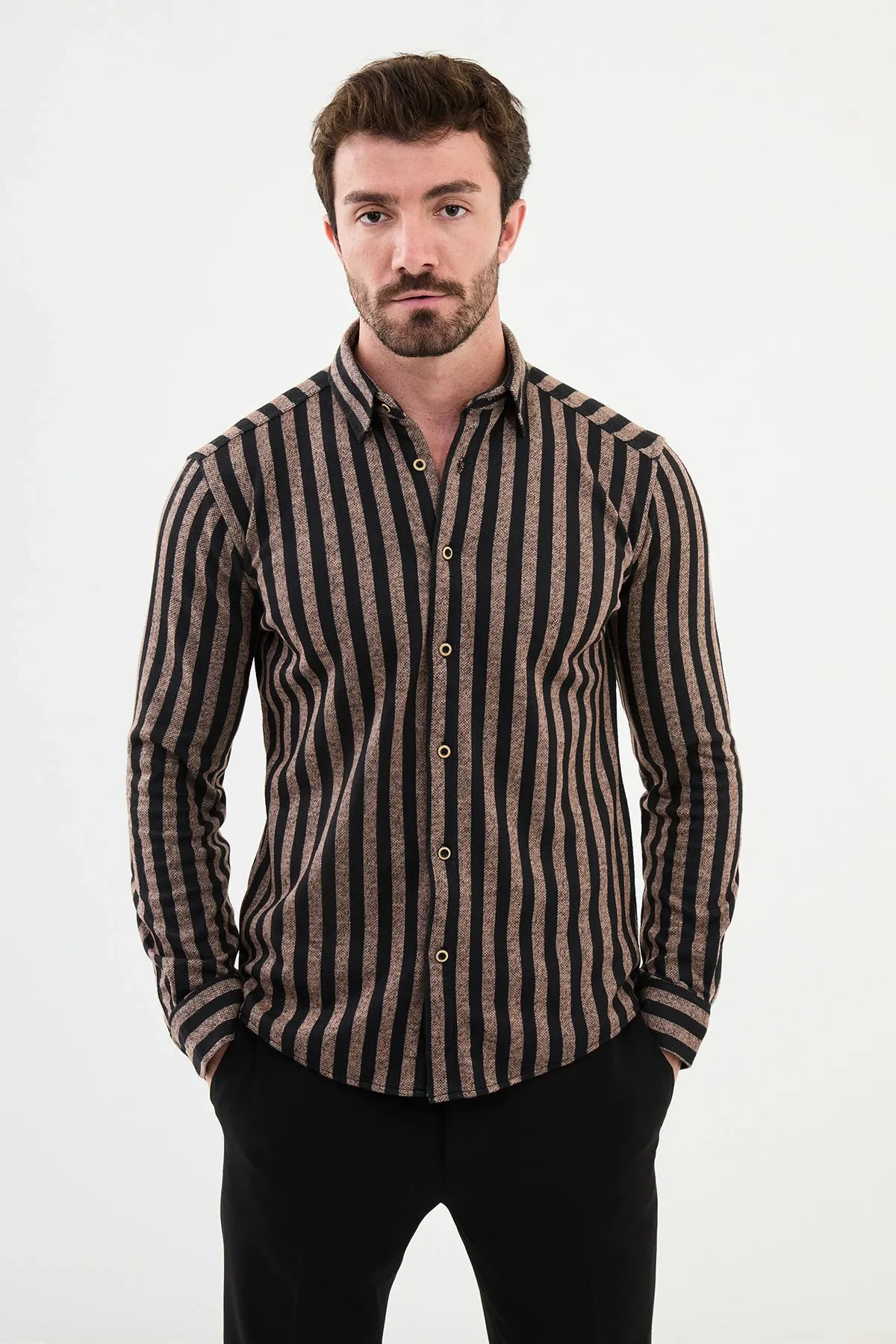 Bojoni Capena Striped Slim Fit Biege Shirt