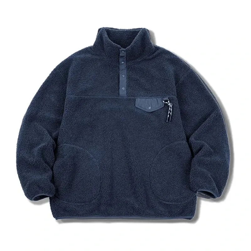 Casual Half-breasted Fleece Hoodies Navy Blue Warm Pullover Jacket