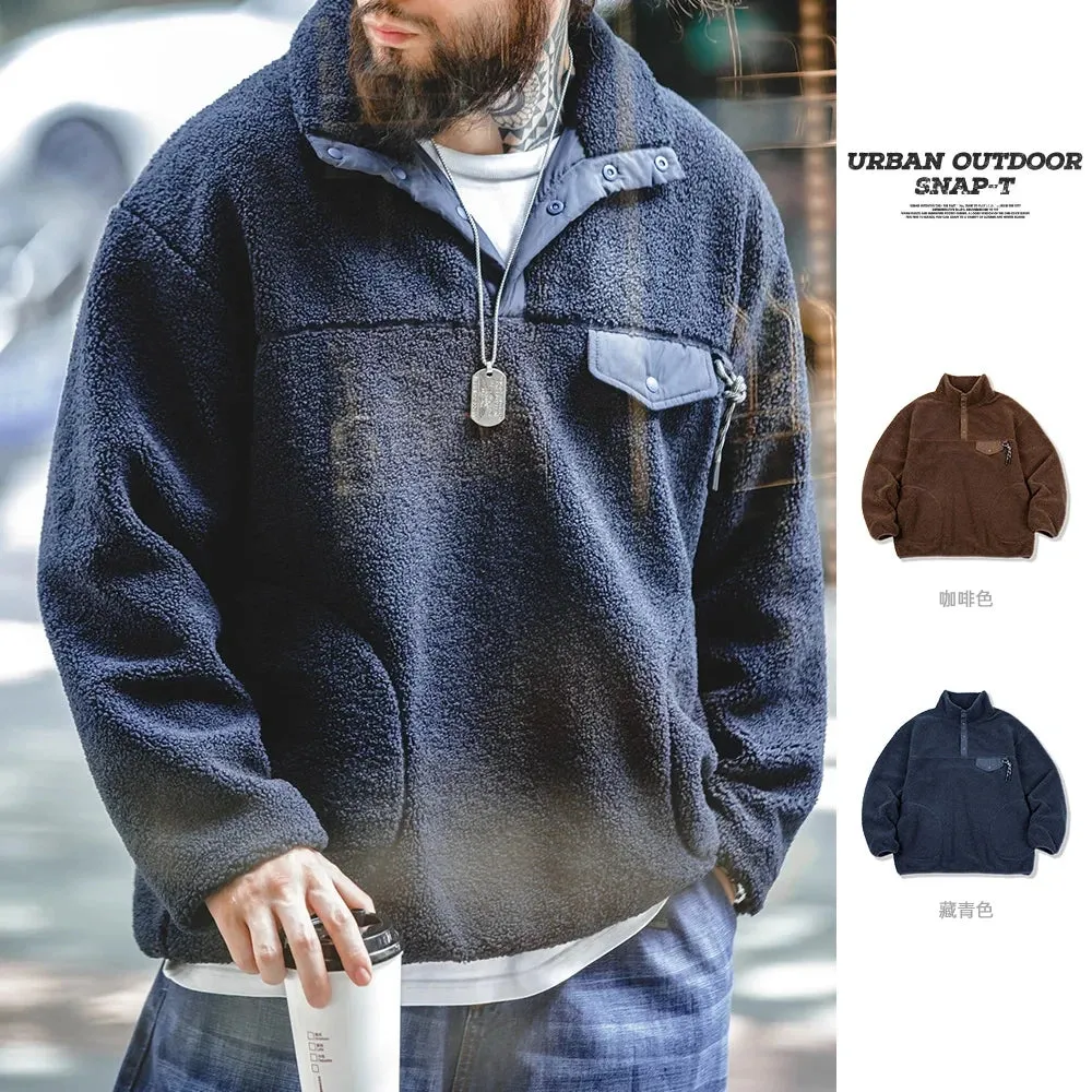 Casual Half-breasted Fleece Hoodies Navy Blue Warm Pullover Jacket