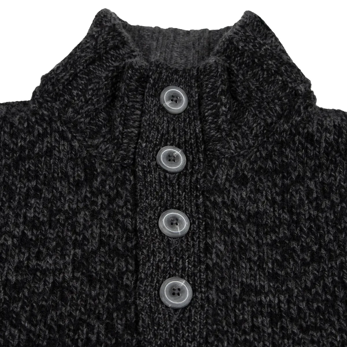 Charcoal Black Melange Buttoned-Neck Wool Jumper