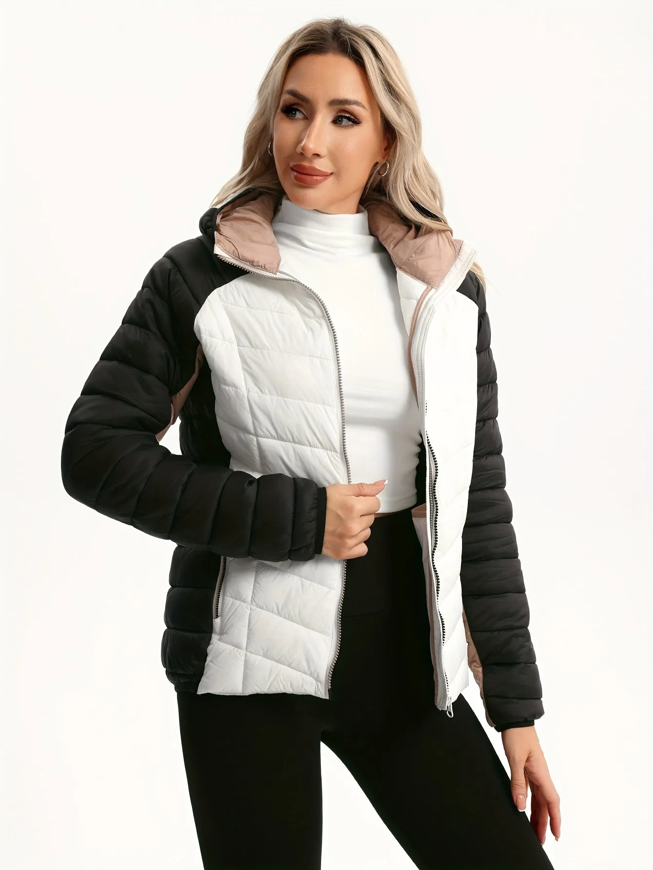 Color Block Zip-up Stand Collar Puffy Coat, Casual Long Sleeve Zipper Pockets Insulated Coat For Winter, Women's Clothing