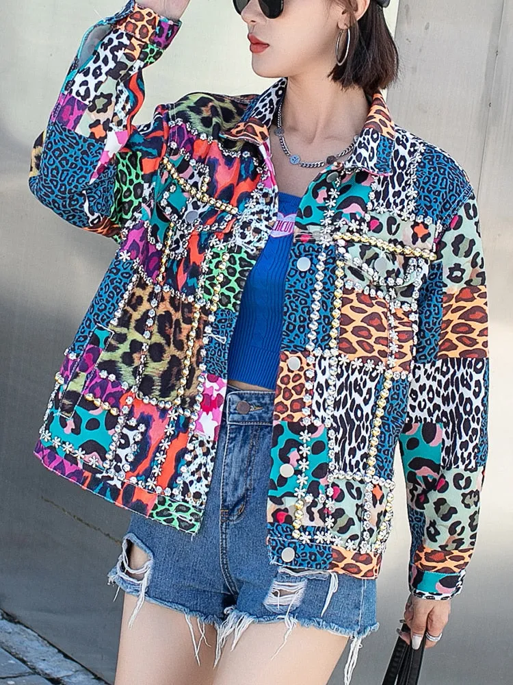 Colorblock Leopard Patchwork Embroidered Flares Jackets For Women Lapel Long Sleeve Casual Chic Jacket Female