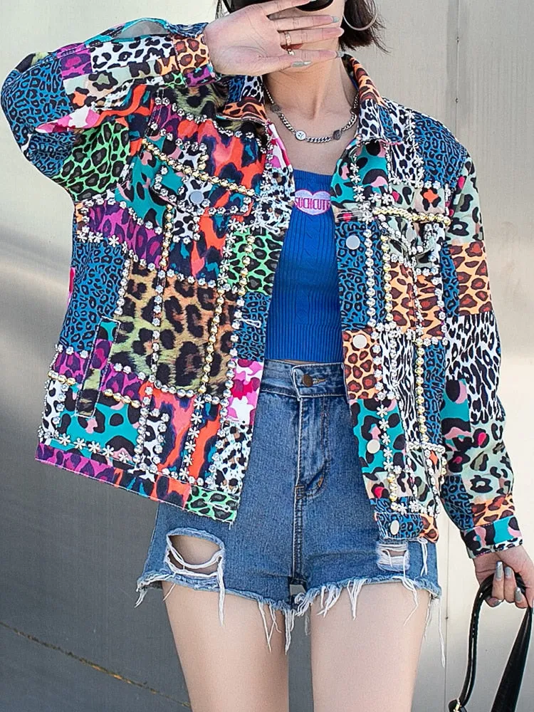 Colorblock Leopard Patchwork Embroidered Flares Jackets For Women Lapel Long Sleeve Casual Chic Jacket Female