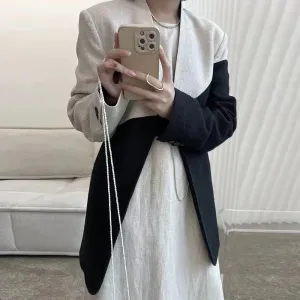 Colorblock Loose Casual Blazers For Women V Neck Long Sleeve Patchwork Pockets Minimalist Blazer Female Fashion