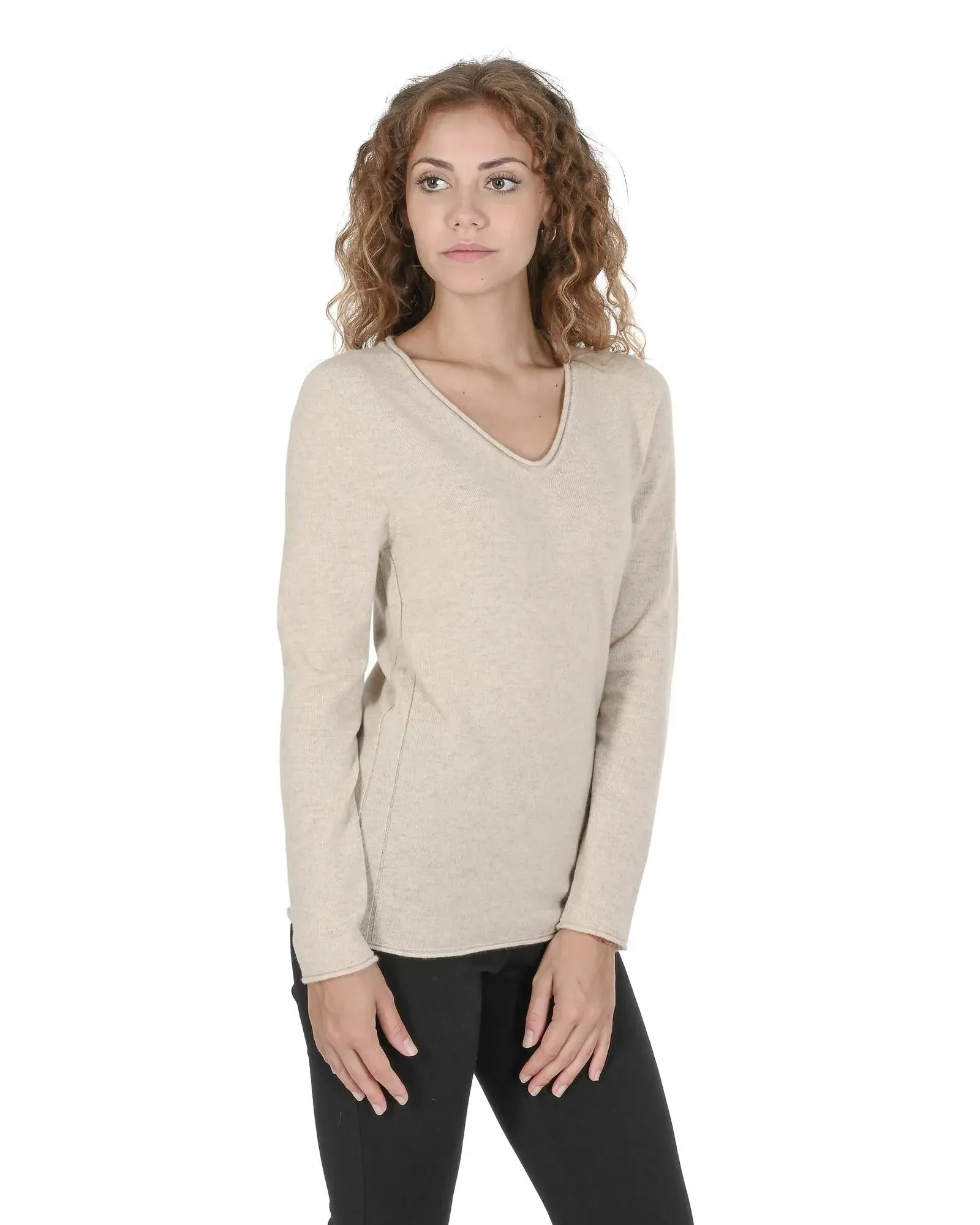 Crown of Edinburgh Cashmere Women's Premium Italian Cashmere V-Neck Sweater in Beige - 46 EU