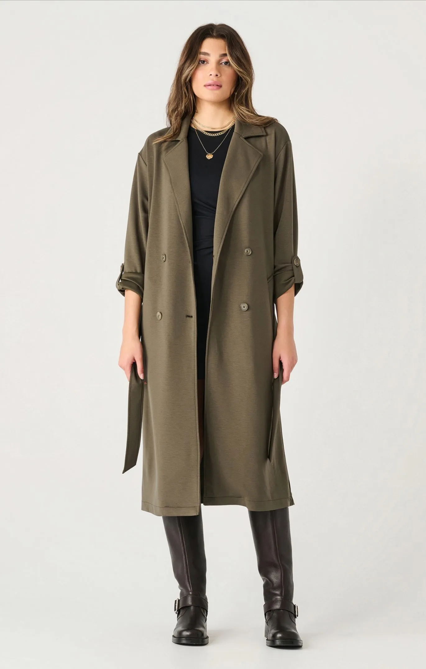 Dex Double Breasted Knit Trench Coat Olive