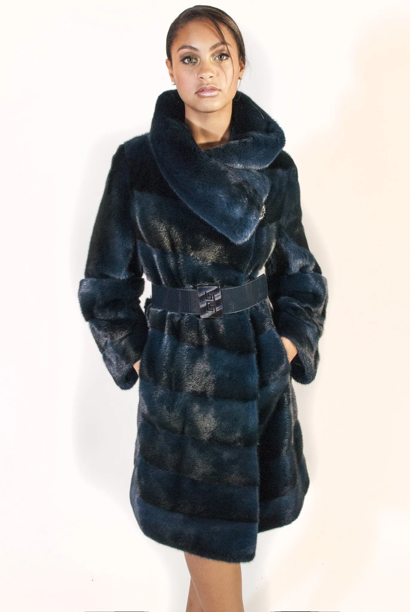 Diagonal Mink Coat with Belt and Full Collar