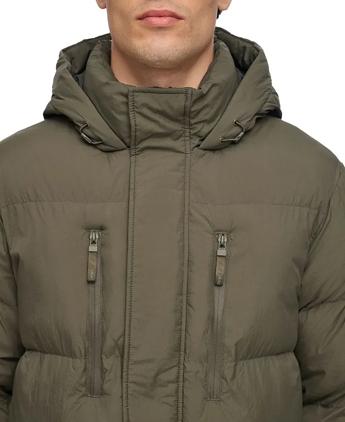 DKNY Men's Quilted Duffle Parka with Hood, Green