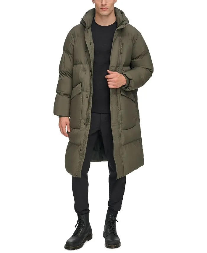 DKNY Men's Quilted Duffle Parka with Hood, Green