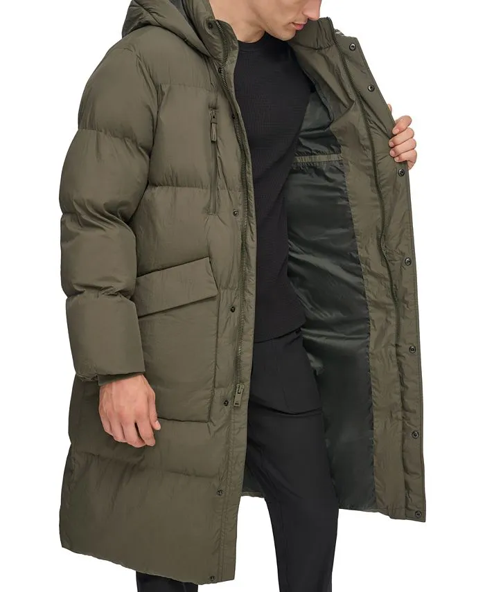 DKNY Men's Quilted Duffle Parka with Hood, Green