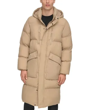 DKNY men's quilted duffle parka with hood, tan/beige