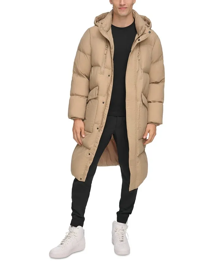 DKNY men's quilted duffle parka with hood, tan/beige