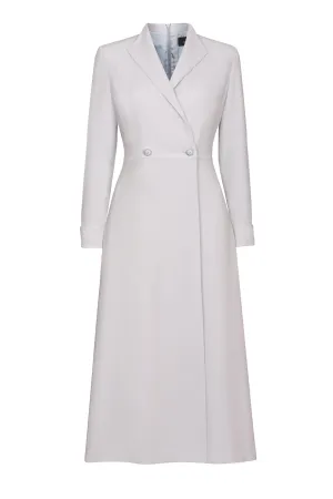 Double Breasted, Long Sleeved Coat Dress with Buttons in Dove Grey Crepe Cady - Savannah