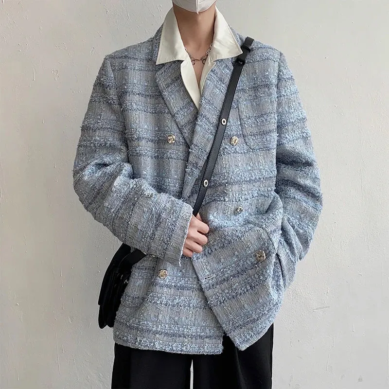 Double Breasted Men's Coat Loose Thickened Tweed Suit Spring Autumn Casual Korean Fashion Male Blazer 9A6778