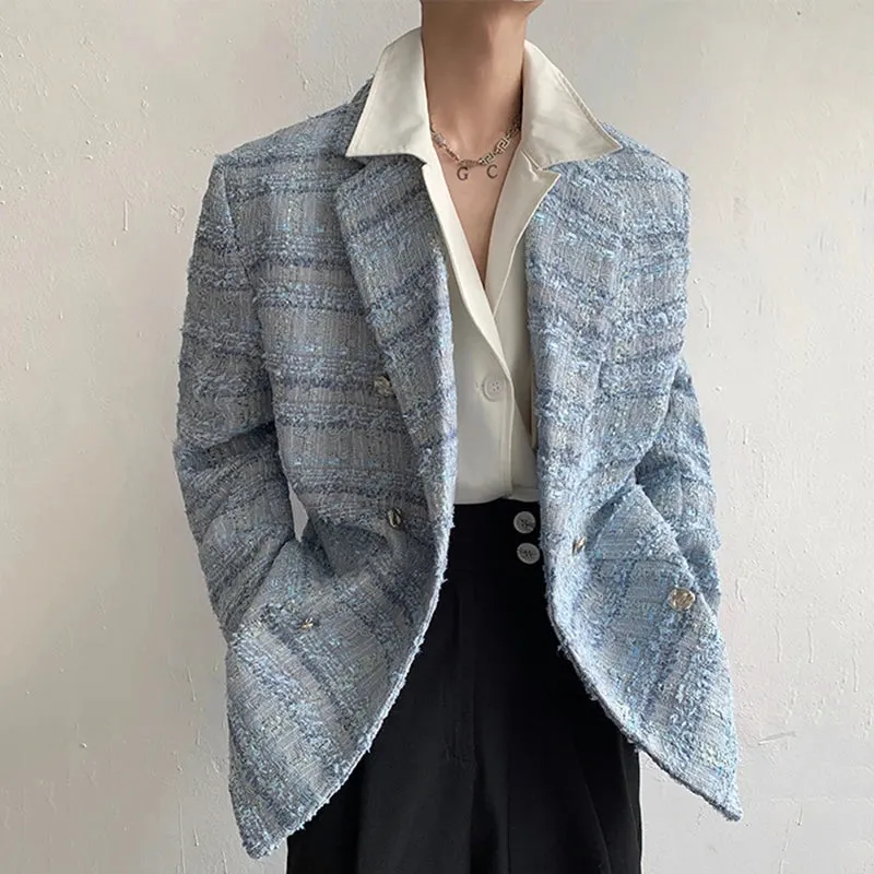 Double Breasted Men's Coat Loose Thickened Tweed Suit Spring Autumn Casual Korean Fashion Male Blazer 9A6778