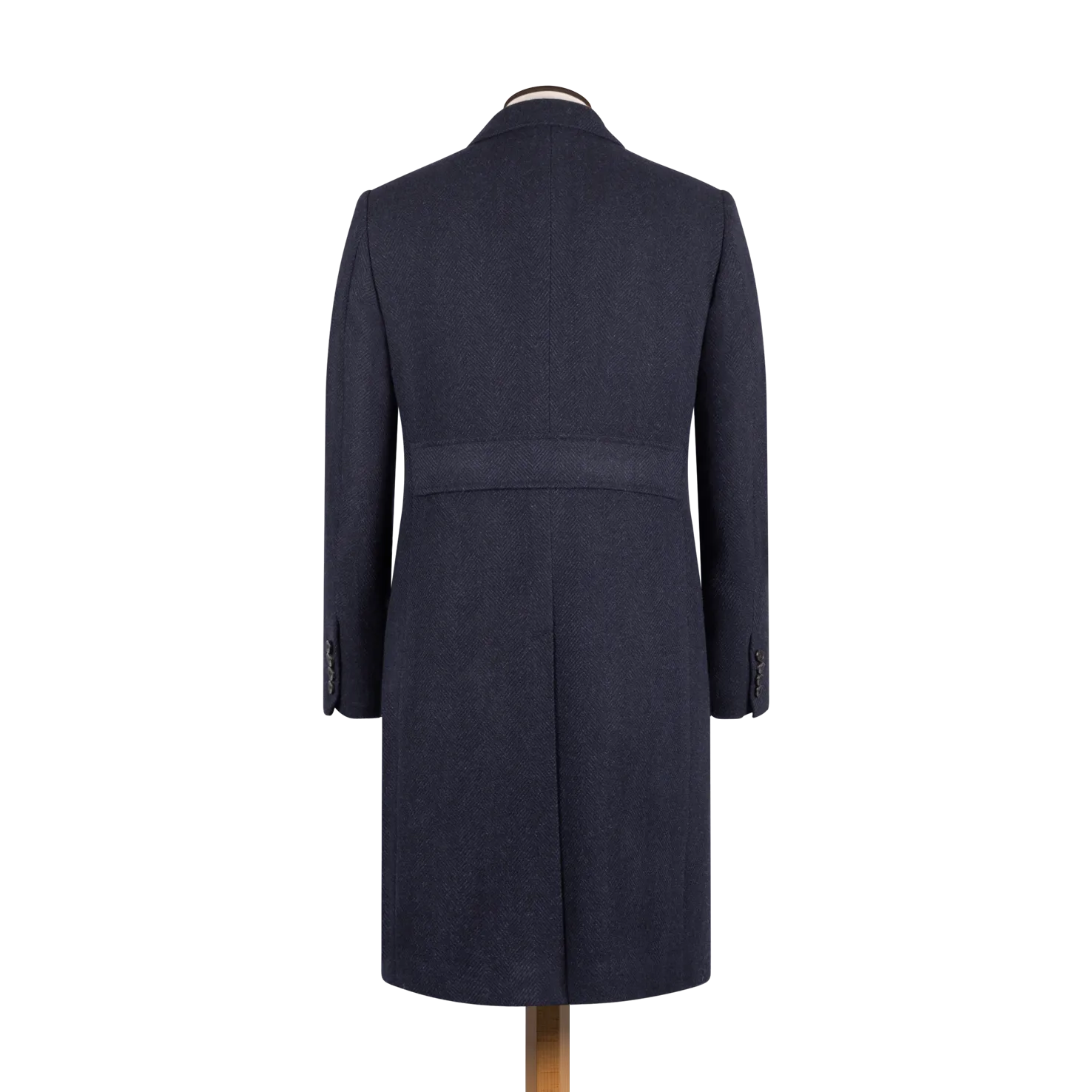 Double Breasted Peak Overcoat in Navy Herringbone