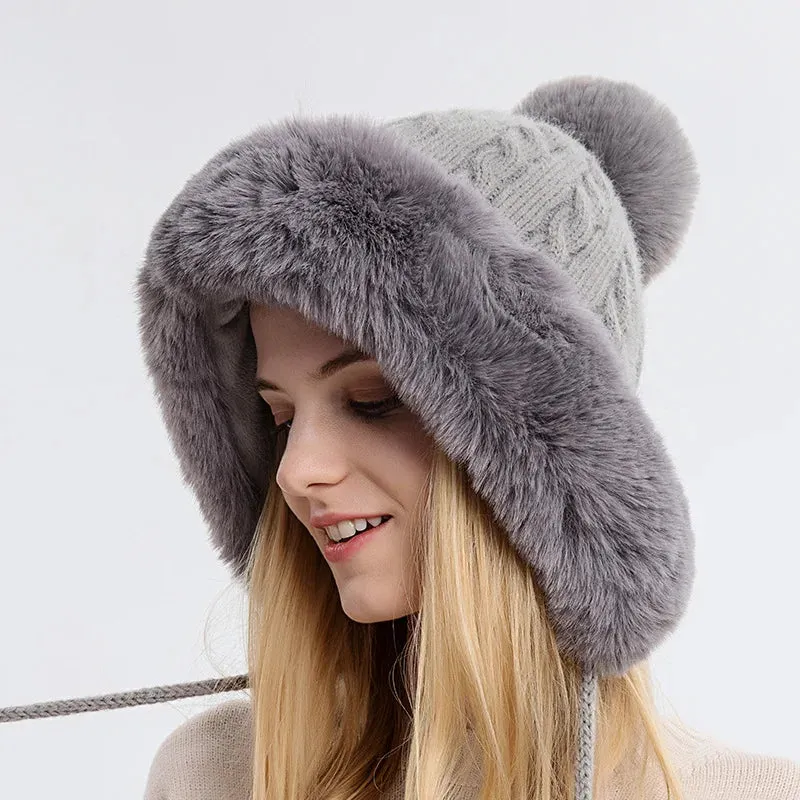 Fluffy Velvet Earflap Ski Hat with Outdoor Lining for Women