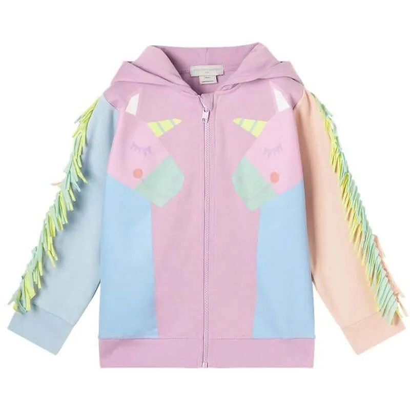 Girls Pink Unicorn Fringe Zip Up Hoodie