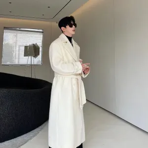 Korean Men Woolen Coat Casual Lapel Double Breasted Long Trench Solid Color Male Overcoat Belt Autumn Trend 9C2884