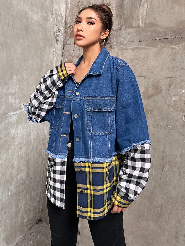 Korean Single Breasted Jacket For Women Lapel Long Sleeve Patchwork Plaid Jackets Female Clothing Autumn Style