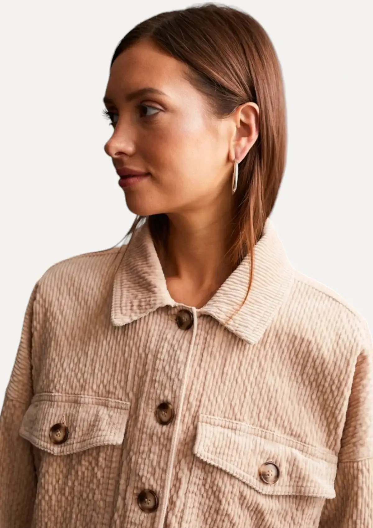 Laurel Crop Denim Shacket With Patch Pockets - Beige