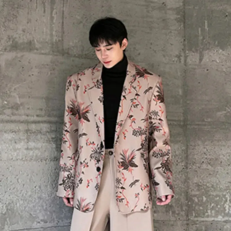 Men's Suit Coat Spring Contrast Color Single Breasted Blazer New Korean Style Trendy Printed Personalized Style 9C5048