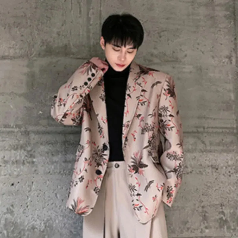 Men's Suit Coat Spring Contrast Color Single Breasted Blazer New Korean Style Trendy Printed Personalized Style 9C5048