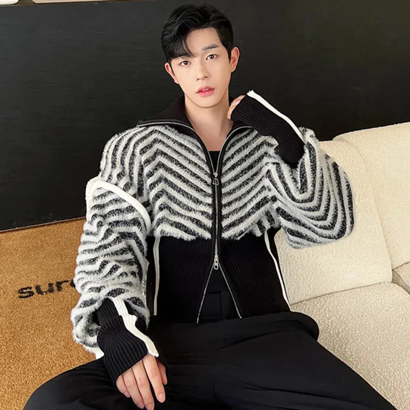 Men's Sweaters Jackets Casual Stripe Contrast Color Turn-down Collar Male Knitting Cardigan Korean Fashion Spring 9C2689