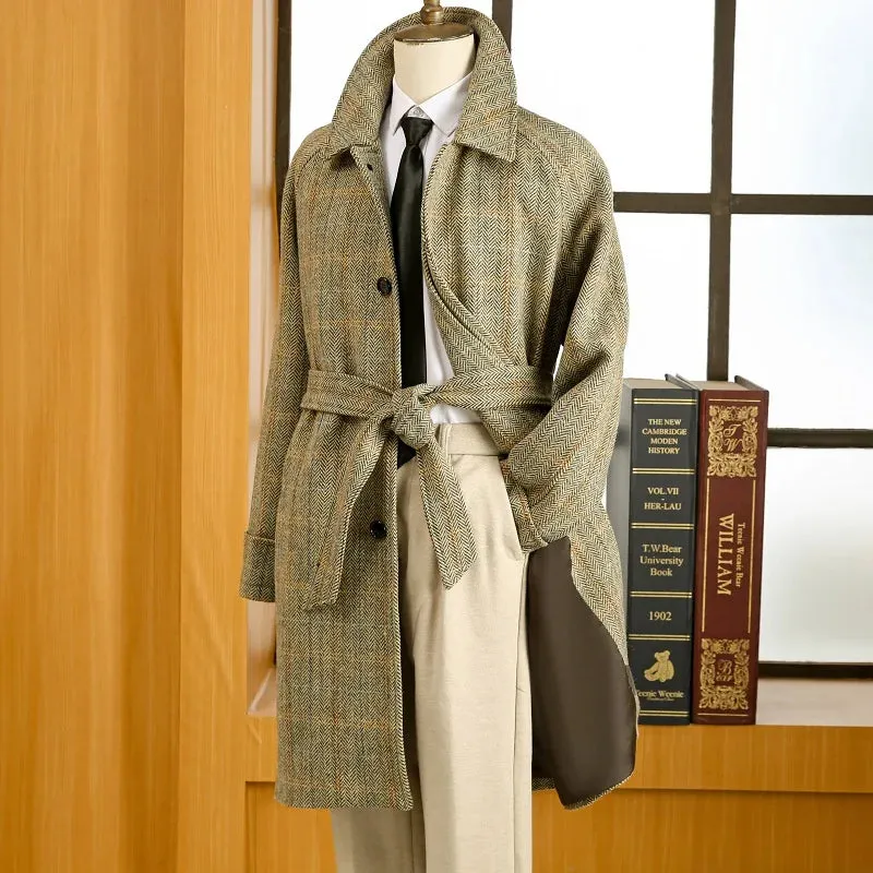 Men's Tweed Balmacaan Coat with Houndstooth Pattern - Classic Elegant Style