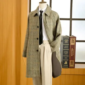 Men's Tweed Balmacaan Coat with Houndstooth Pattern - Classic Elegant Style