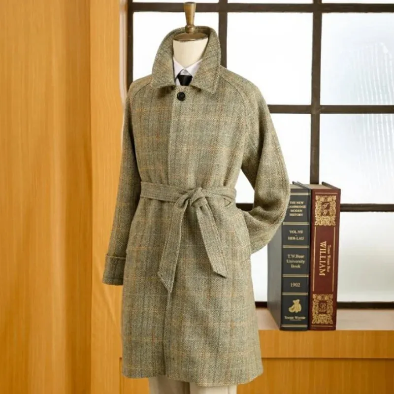 Men's Tweed Balmacaan Coat with Houndstooth Pattern - Classic Elegant Style