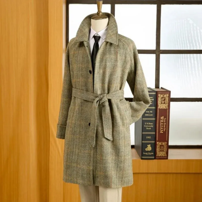 Men's Tweed Balmacaan Coat with Houndstooth Pattern - Classic Elegant Style