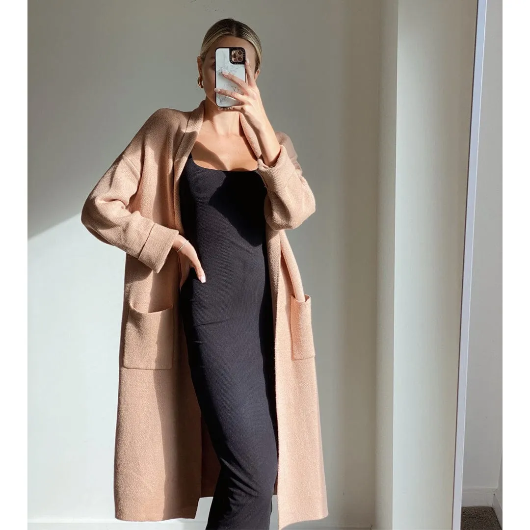 MIETA Camel Long Sleeve Knit Midi Cardigan