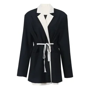 Minimalist Patchwork Lace Up Blazers For Women Notched Collar Long Sleeve Slim Autumn Blazer Female Fashion