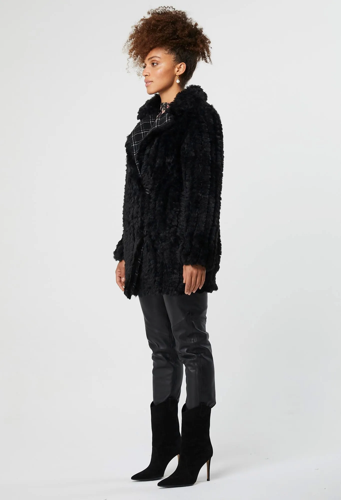 ONCE WAS MILTON REVERSIBLE FAUX FUR & WOOL BLEND COAT BLACK/CHECK