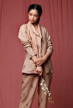 Pastel Brown Handblock Printed Linen Overcoat