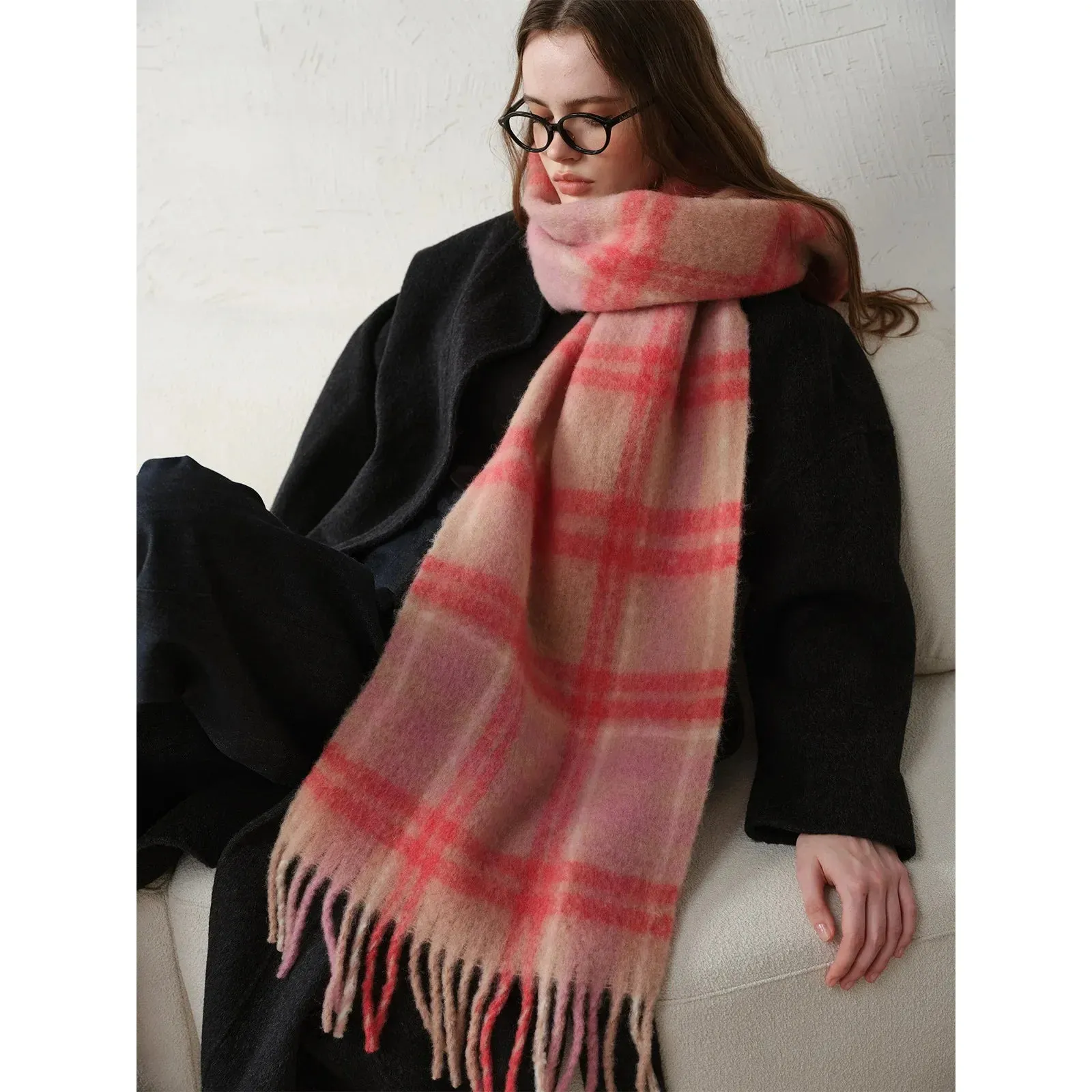 Pink Plaid Wool Scarf for Women - Elegant Winter Accessory