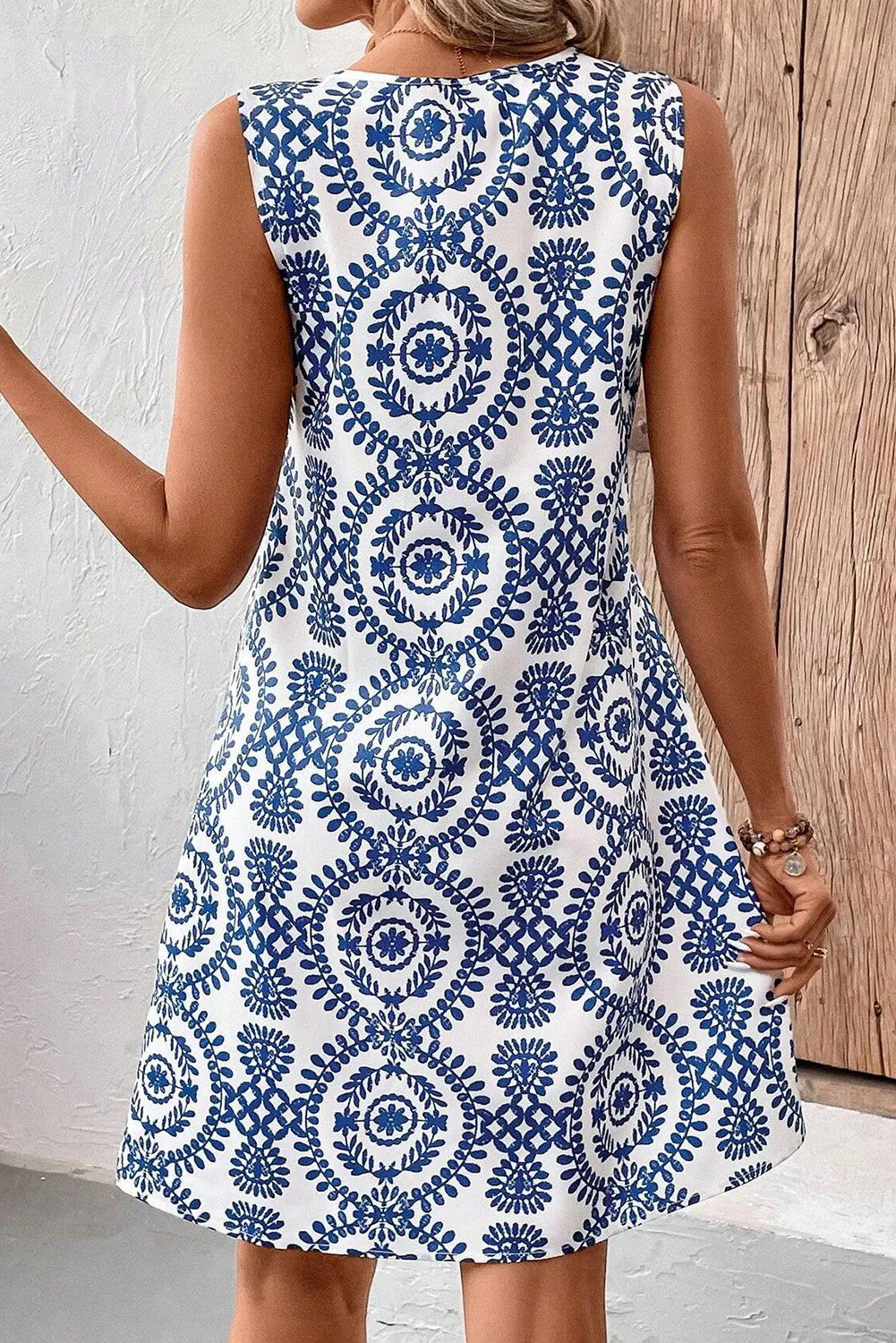 Sky Blue Boho Ethnic Print Cut Out Neck Tank Mini Dress