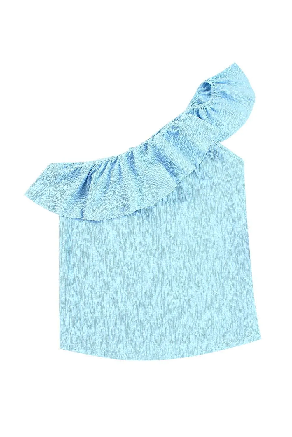 Sky Blue Trim Textured Ruffle One Shoulder Top