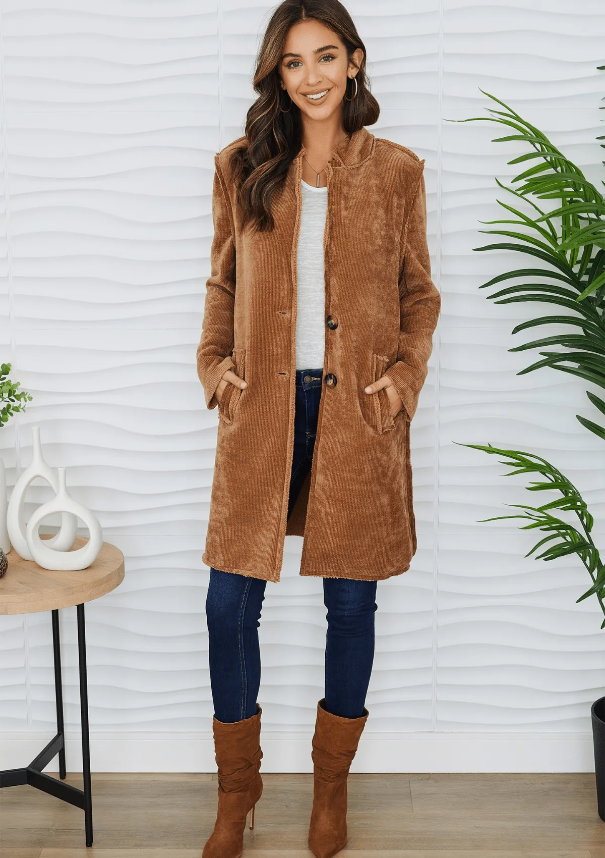 Stand Collar Corduroy Car Coat with Pockets-Camel