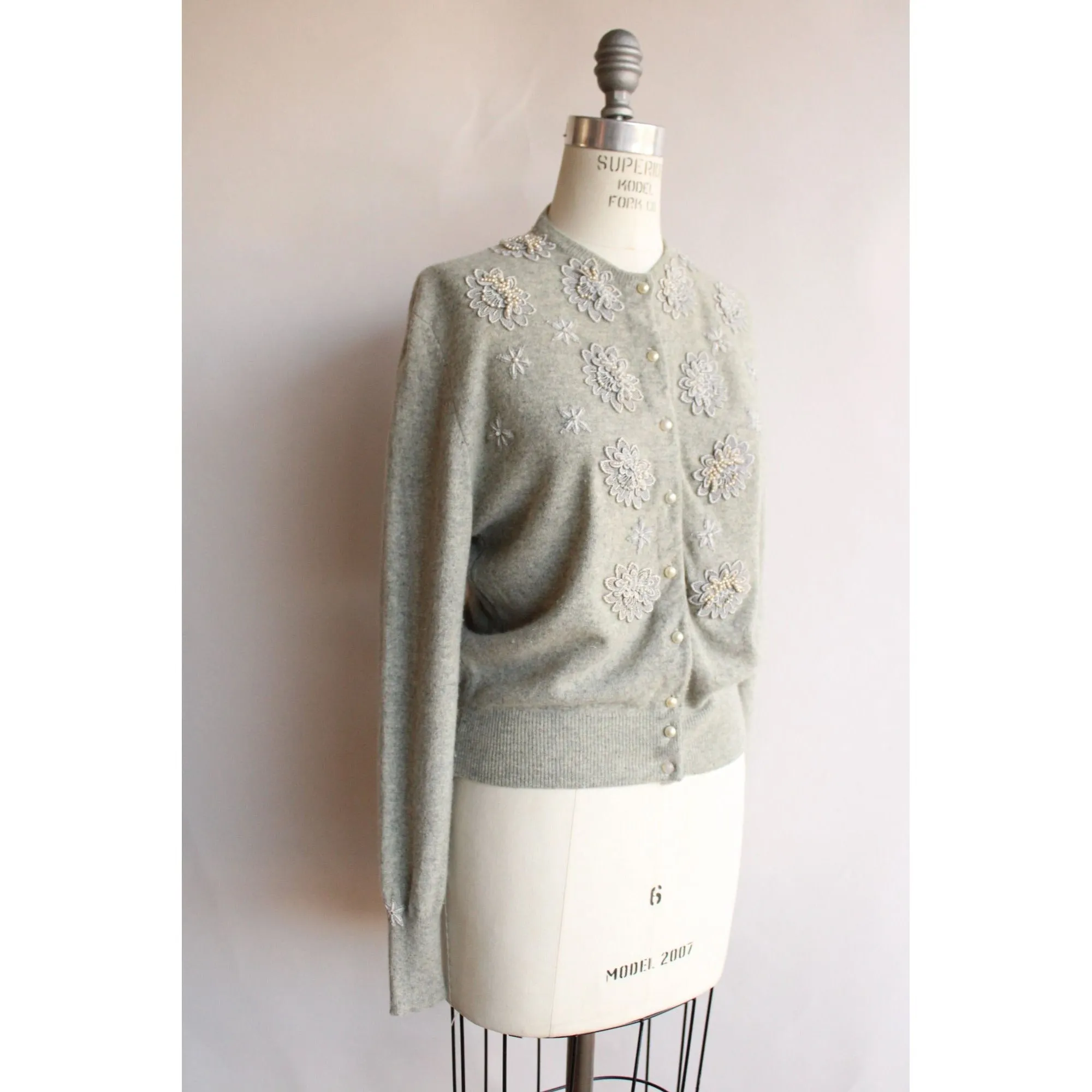 Vintage 1950s Barbara Lee Cashmere Gray Knit Cardigan