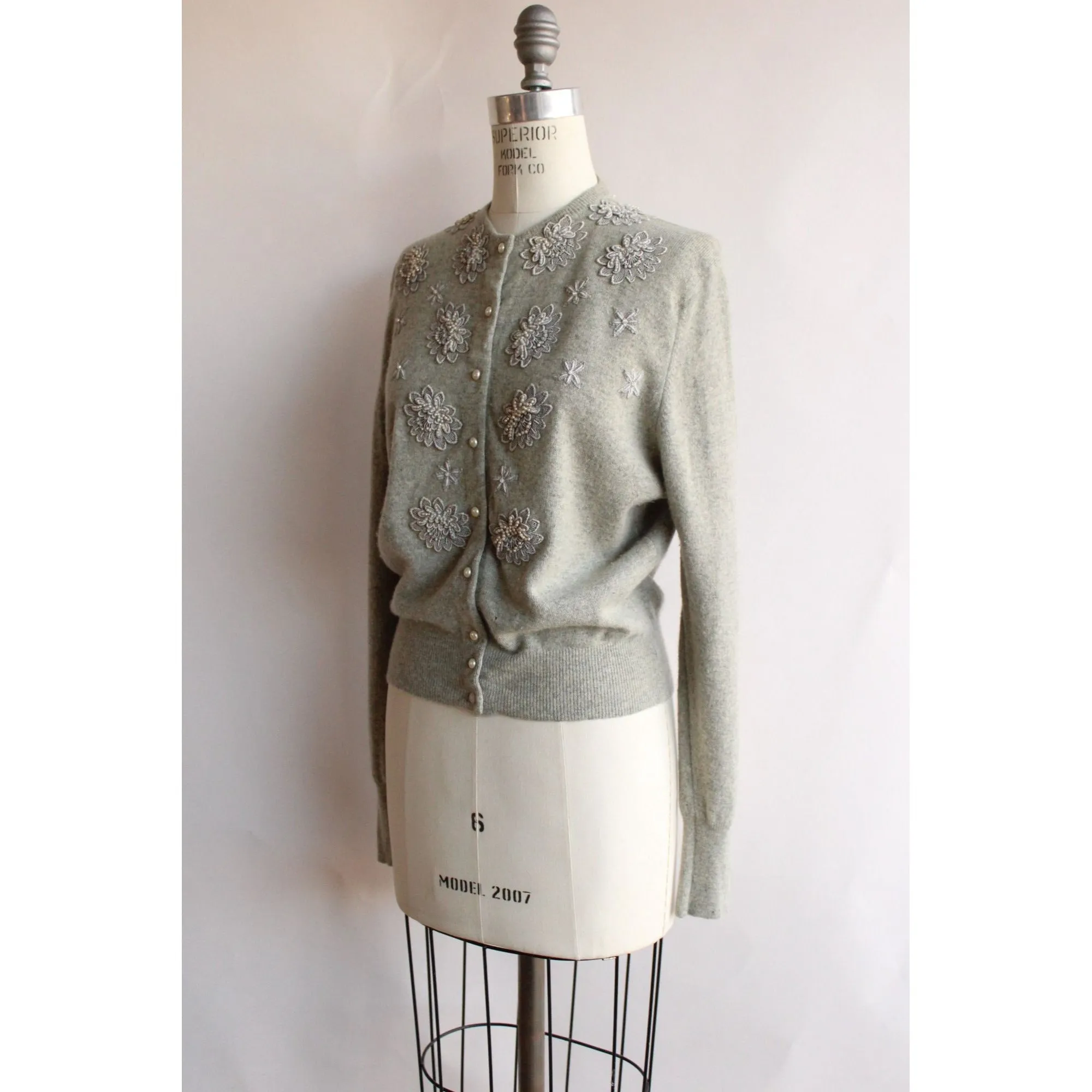 Vintage 1950s Barbara Lee Cashmere Gray Knit Cardigan