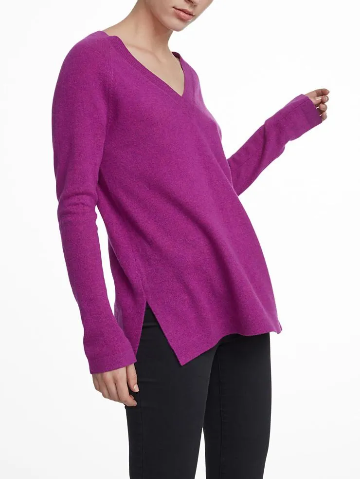 White Warren - Cashmere Side Slit Vneck Aurora Heather