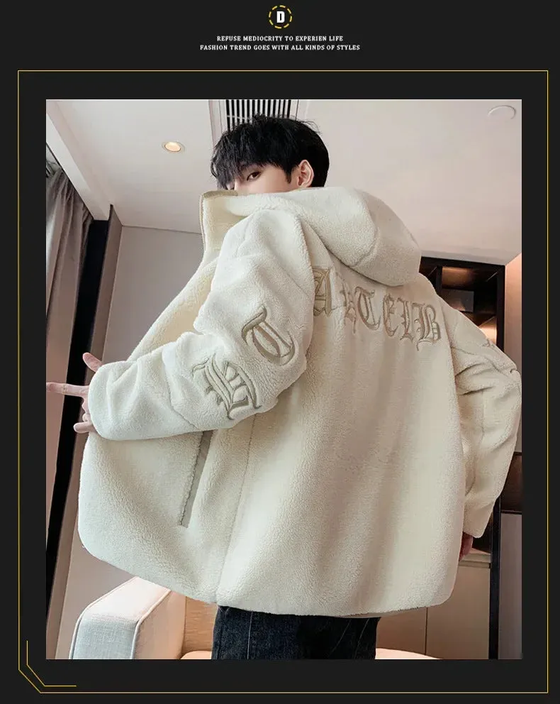 Wiaofellas  -  Winter Thicken Warm Lamb Wool Hooded Jacket Men's Fashion Plush Velvet Overcoat Street Letter Embroidery Male Fleece Coat